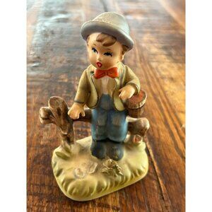 Vintage Boy Figurine With Basket & Fence Missing Chicken